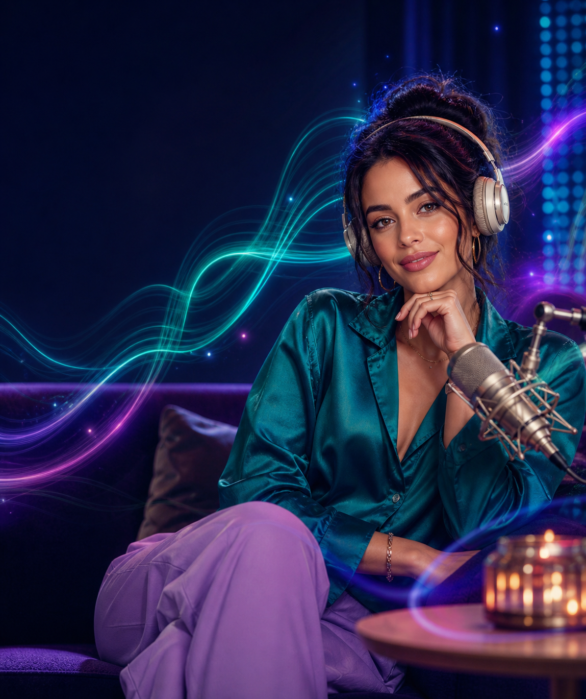 Criadora usando fones e microfone em um estúdio com luzes azul e violeta